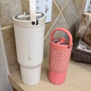 HydroJug Cream Tall Handle Tumbler & Pink Checkered Floral Travel Bottle Duo
